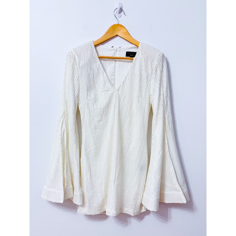 MICHAEL COSTELLO White Sequin Bell Sleeve V-Neck Mini Dress Medium